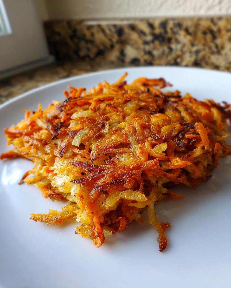 Nahaufnahme von knusprigen Sweet Potato Hash Browns mit goldbrauner Kruste auf einem wei&szlig;en Teller.
