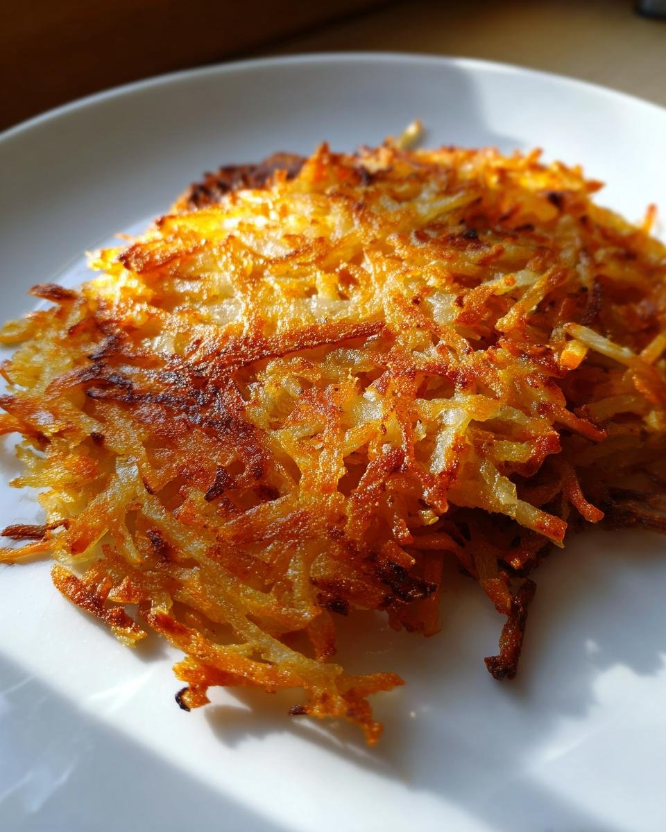 Nahaufnahme von knusprigen Sweet Potato Hash Browns mit goldbrauner Kruste auf einem wei&szlig;en Teller.
