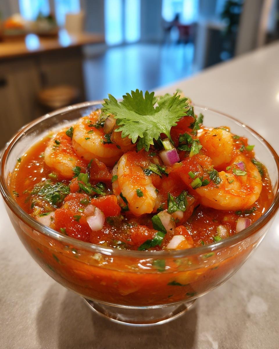 Nahaufnahme eines k&ouml;stlichen Mexican Shrimp Cocktail mit Garnelen, Tomatenso&szlig;e und Koriander in einer Glasschale.