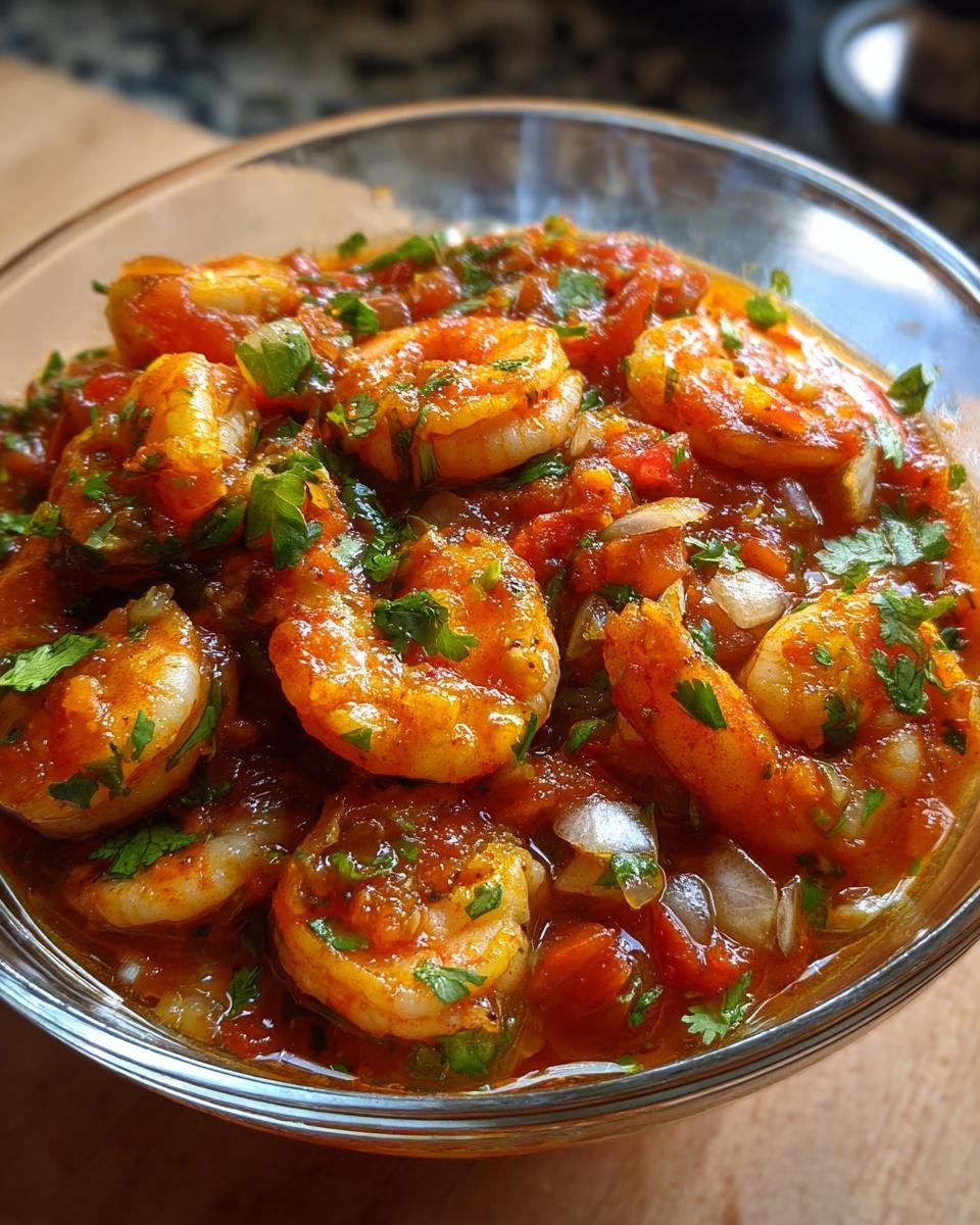 Nahaufnahme einer Schale mit k&ouml;stlichem mexikanischem Garnelencocktail in w&uuml;rziger Tomatensauce und frischer Petersilie.