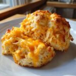 Aufgeschnittene, saftige Krabbe Gef&uuml;llte Cheddar-Biscuits mit geschmolzenem K&auml;se auf einem wei&szlig;en Teller.