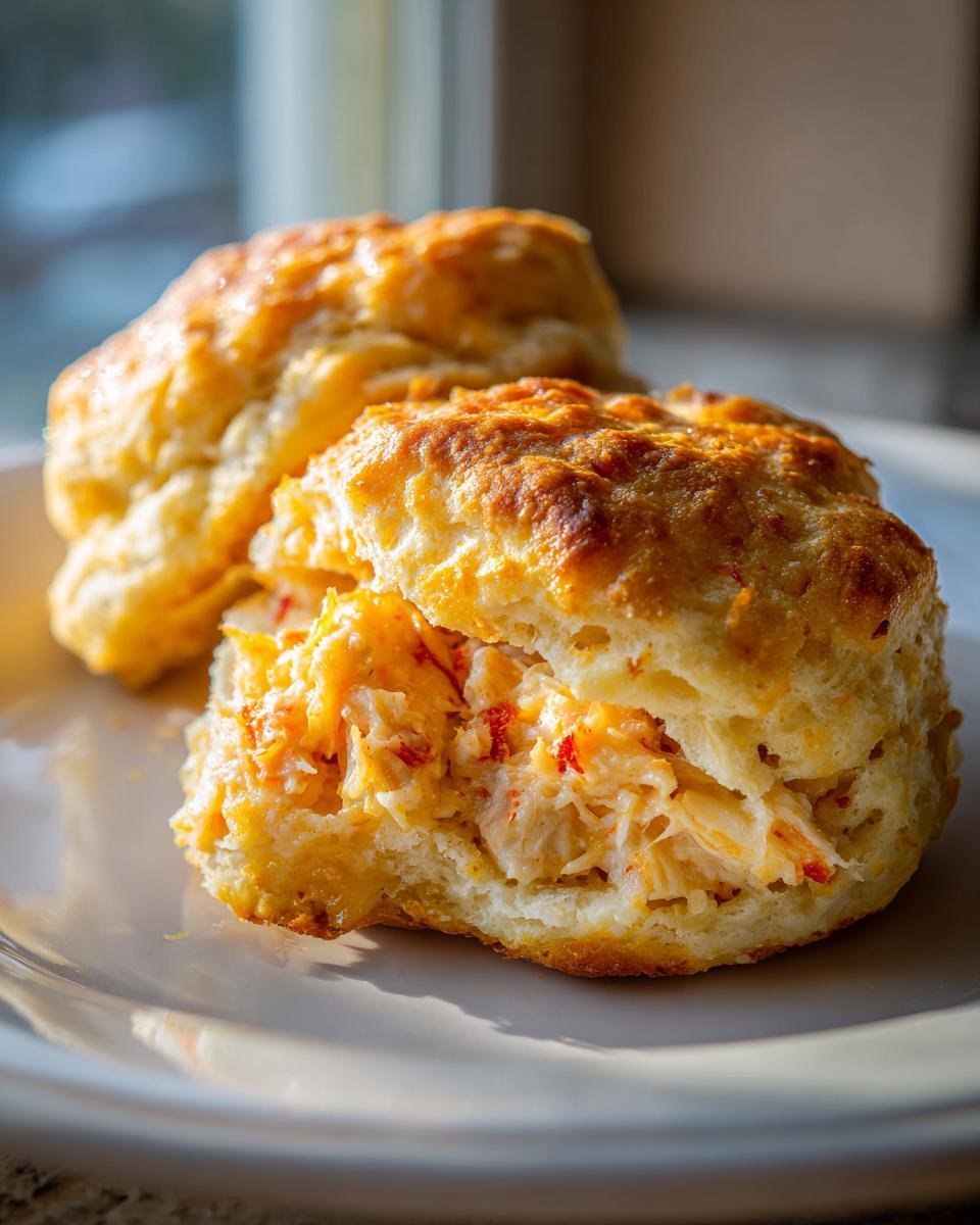 Nahaufnahme eines aufgeschnittenen, goldbraunen Cheddar-Biscuits, gef&uuml;llt mit einer cremigen Krabbenmischung f&uuml;r die Irresistible Crab Stuffed Cheddar Biscuits.