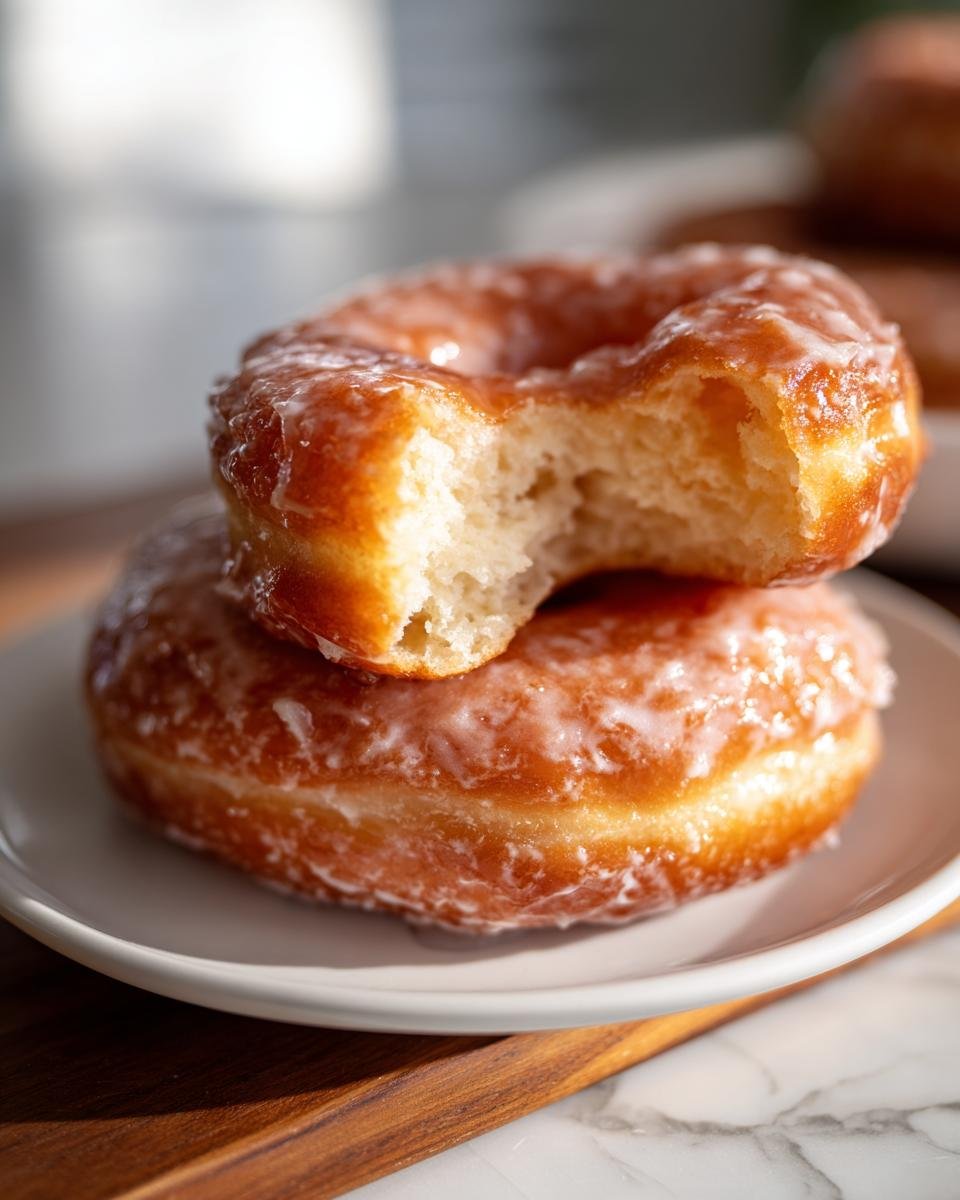 Zwei gestapelte, glasierte Krispy Kreme Doughnuts, einer davon angebissen, um die weiche Textur zu zeigen.