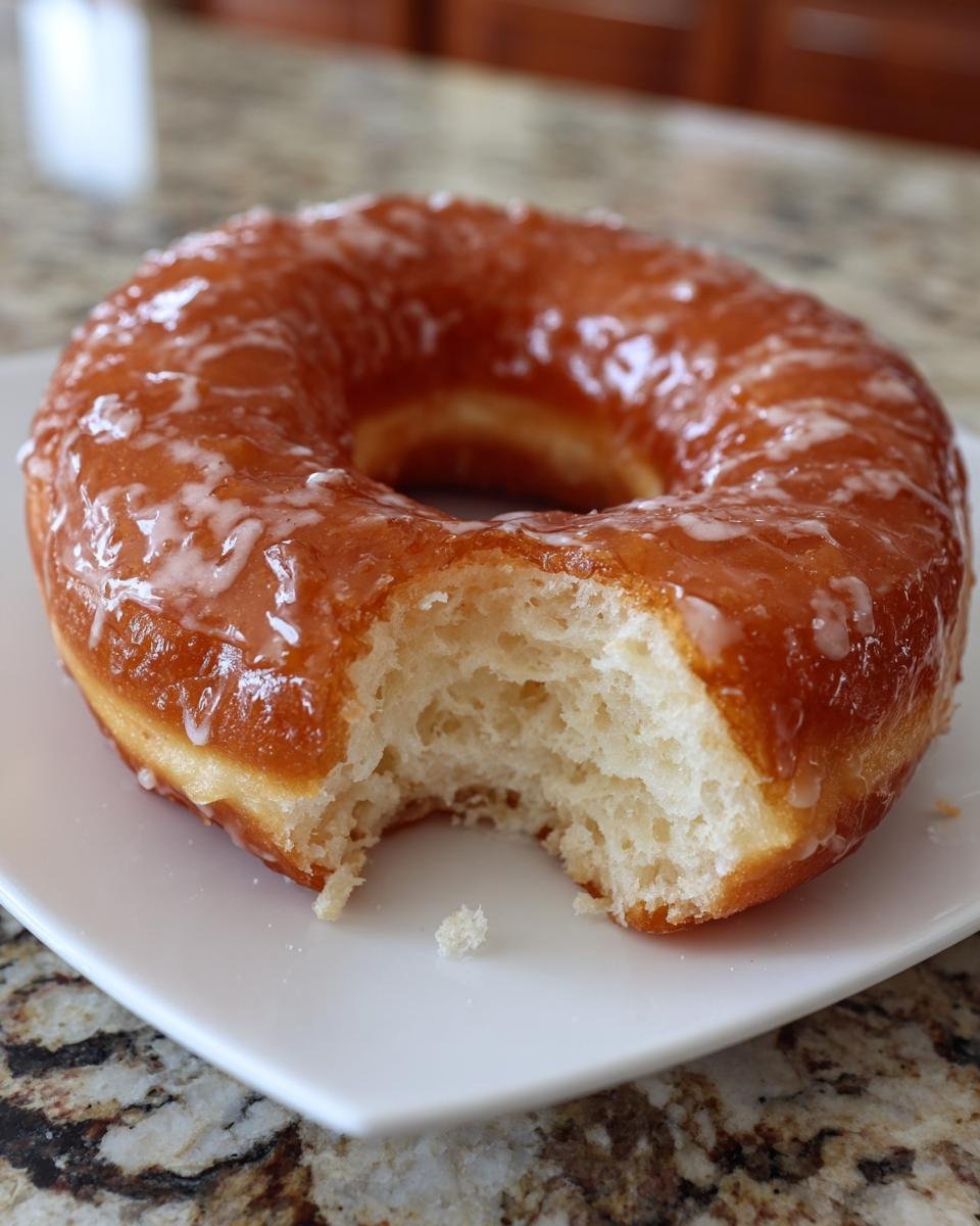 Nahaufnahme eines glasierten Krispy Kreme Doughnut mit einem Bissen, der die fluffige Textur zeigt.
