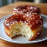 Nahaufnahme eines glasierten Krispy Kreme Doughnut mit einem Bissen, der die fluffige Textur zeigt.