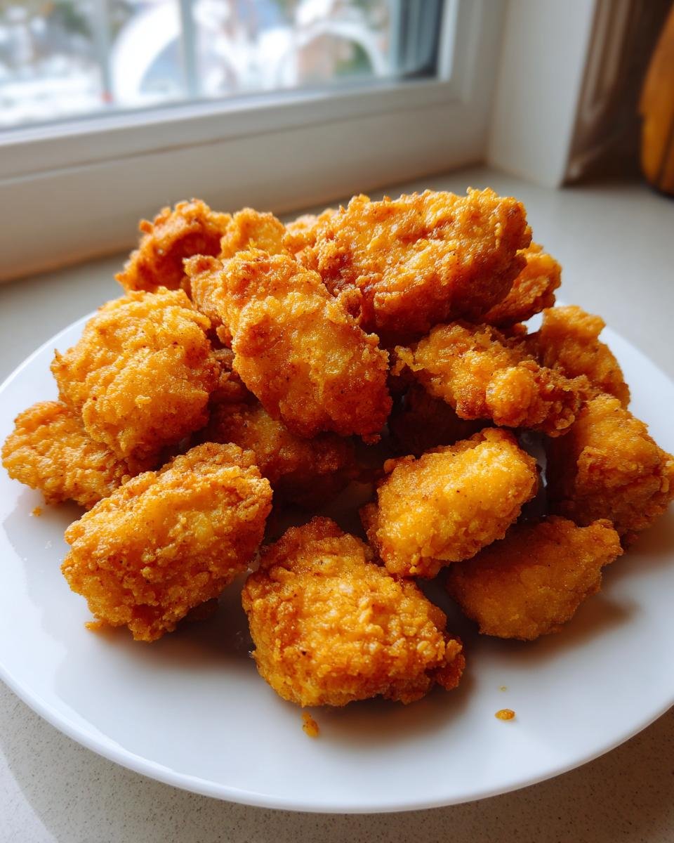 Ein Teller voller goldbrauner, krosser Copycat Chick Fil A Nuggets, serviert vor einem hellen Fenster.