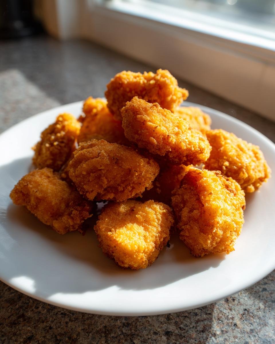 Ein Haufen goldbrauner, krosser Copycat Chick Fil A Nuggets liegt auf einem weißen Teller im Gegenlicht.
