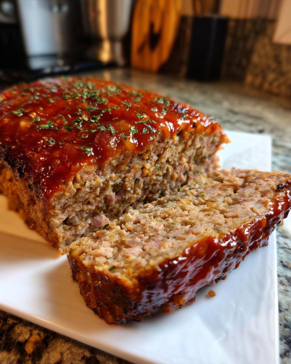 Aufgeschnittenes Lipton Onion Soup Meatloaf mit gl&auml;nzender Glasur und Petersilie bestreut.