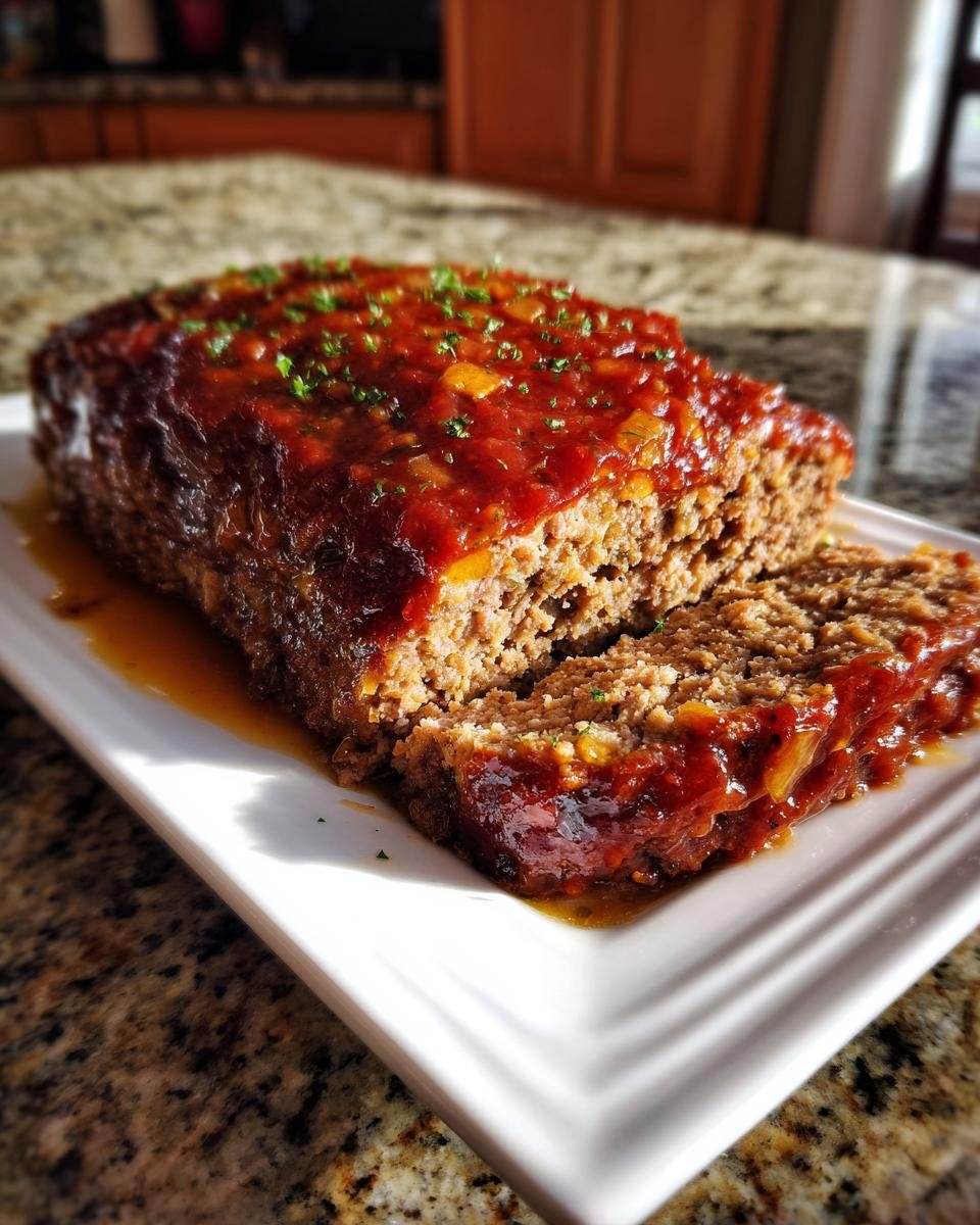 Anschnitt eines saftigen Lipton Onion Soup Meatloaf mit roter Glasur auf einem wei&szlig;en Teller.
