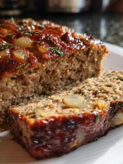Angeschnittenes Lipton Onion Soup Meatloaf mit gl&auml;nzender Glasur und Zwiebelst&uuml;cken auf einem wei&szlig;en Teller.