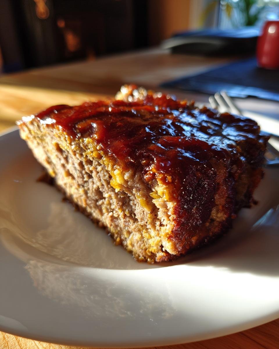 Nahaufnahme eines saftigen St&uuml;cks Lipton Onion Soup Meatloaf mit gl&auml;nzender Glasur auf einem wei&szlig;en Teller.