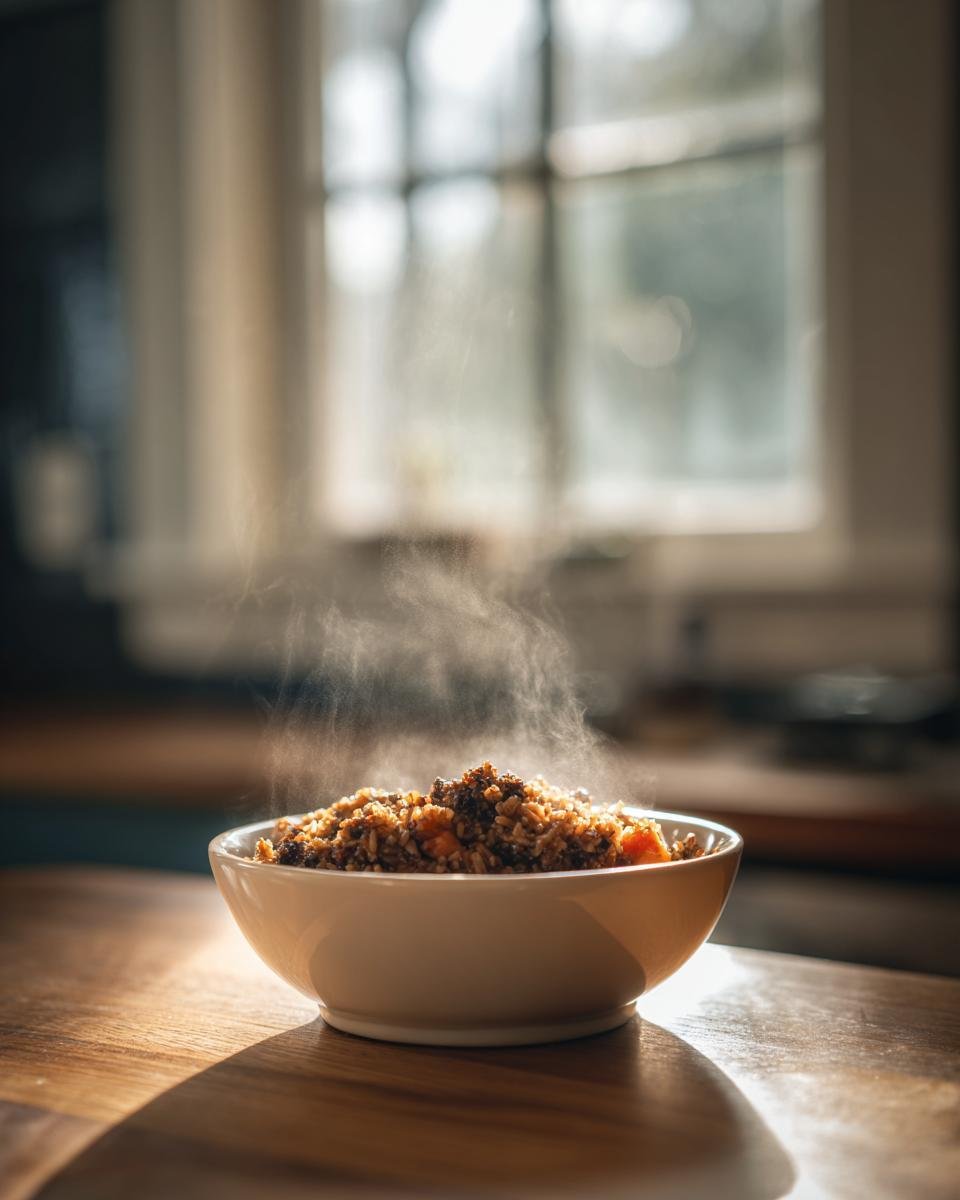 Eine dampfende Schale mit Louisiana Dirty Rice auf einem Holztisch, beleuchtet durch helles Gegenlicht.