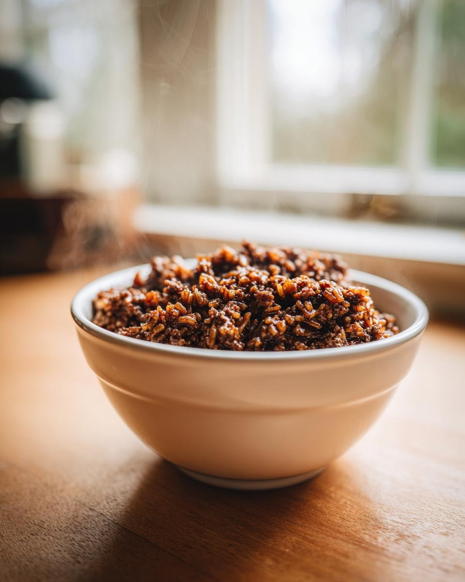 Nahaufnahme von dampfendem, dunkelbraunem Louisiana Dirty Rice in einer wei&szlig;en Sch&uuml;ssel auf einem Holztisch.