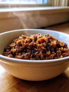 Eine weiße Schüssel gefüllt mit dampfendem, dunklem Louisiana Dirty Rice auf einem Holztisch.