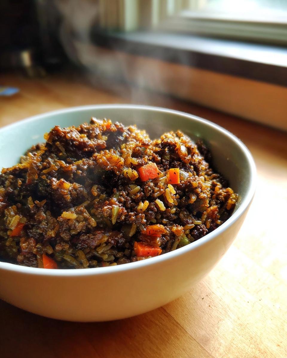 Eine Sch&uuml;ssel mit dampfendem Louisiana Dirty Rice, reich an dunklem Fleisch und Karottenst&uuml;cken.