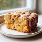 Ein saftiges St&uuml;ck Luscious Country Apple Fritter Cake mit Apfelst&uuml;cken und wei&szlig;em Zuckerguss.