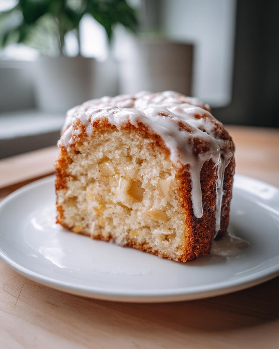 Nahaufnahme eines St&uuml;cks Luscious Country Apple Fritter Cake mit saftigen Apfelst&uuml;cken und wei&szlig;em Zuckerguss.