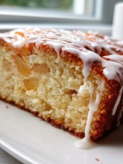 Nahaufnahme eines Stücks Luscious Country Apple Fritter Cake mit saftigen Apfelstücken und weißem Zuckerguss.