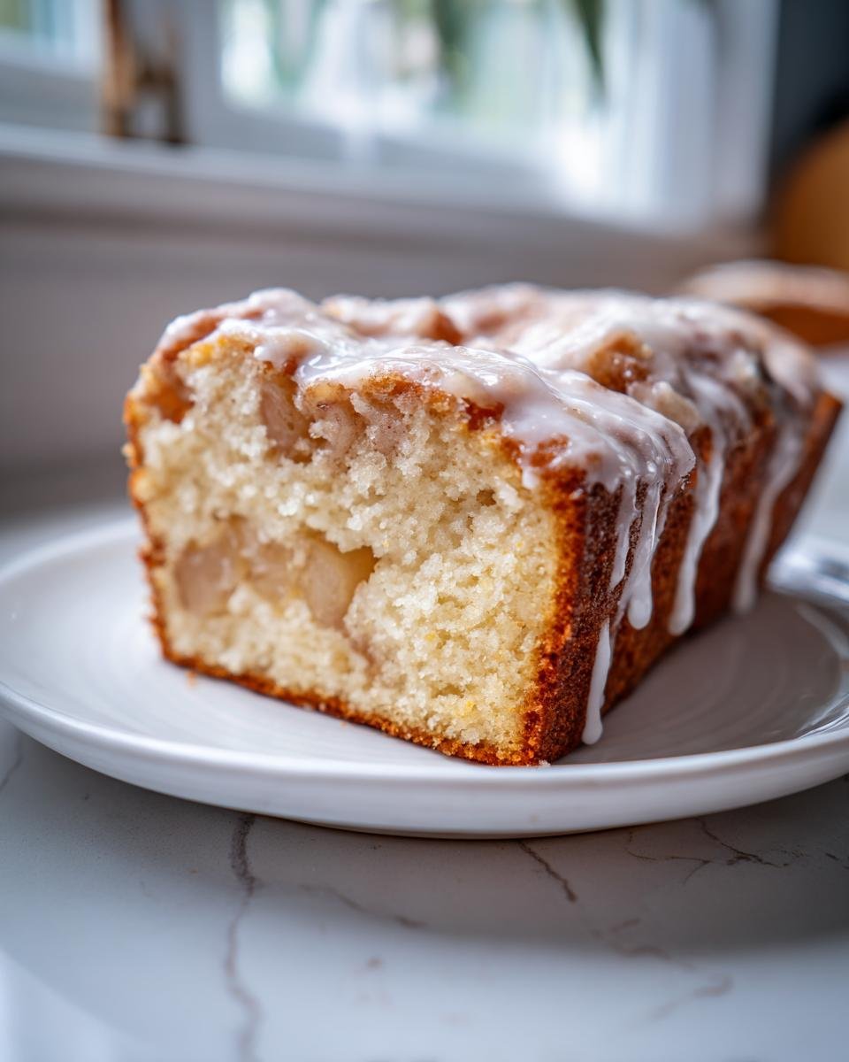 Nahaufnahme eines St&uuml;cks Luscious Country Apple Fritter Cake mit Apfelst&uuml;cken und wei&szlig;em Zuckerguss.