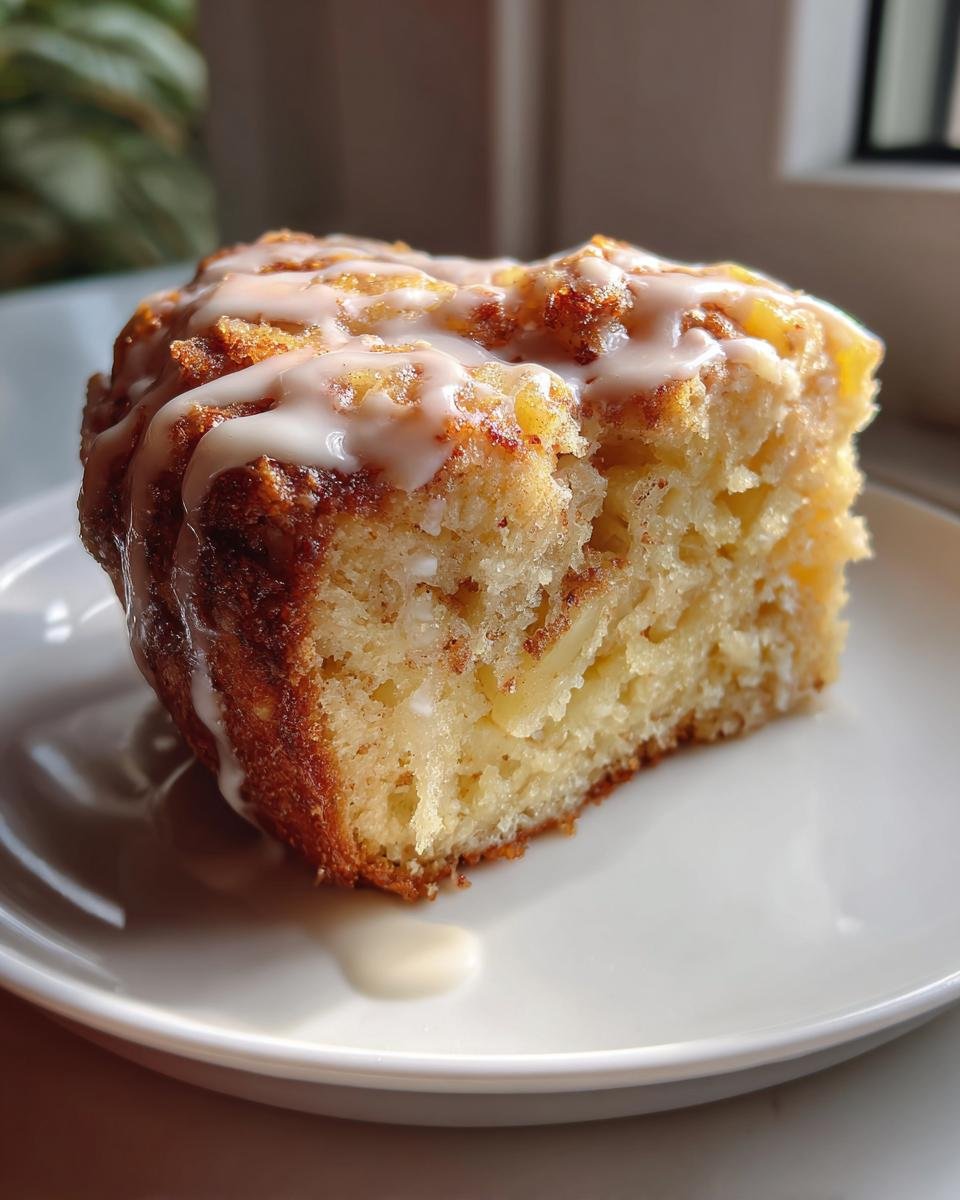 Nahaufnahme eines saftigen St&uuml;cks Luscious Country Apple Fritter Cake mit hellem Zuckerguss auf einem wei&szlig;en Teller.