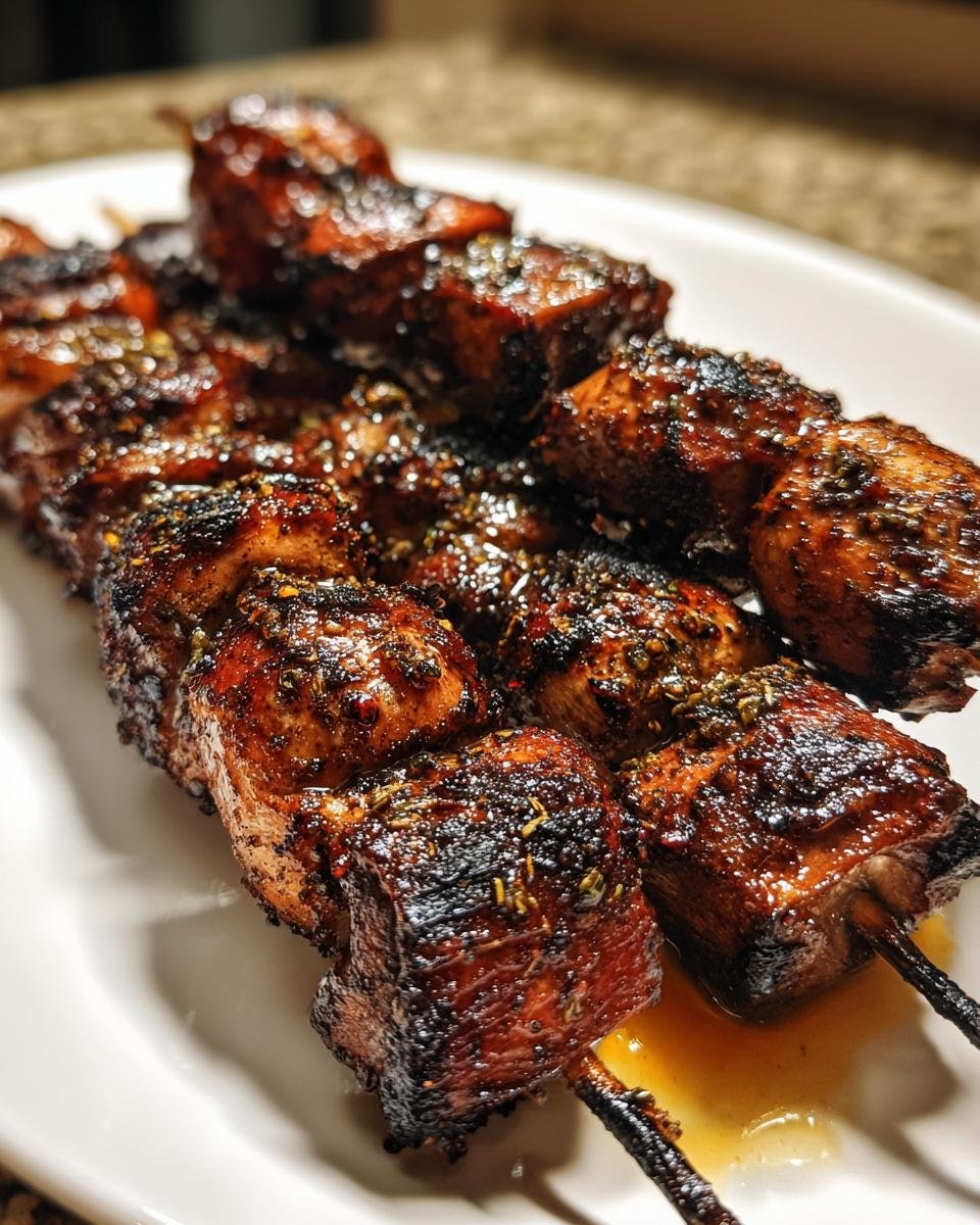 Nahaufnahme von dunkel karamellisierten, marinierten gegrillten Pilzspie&szlig;en auf einem wei&szlig;en Teller.