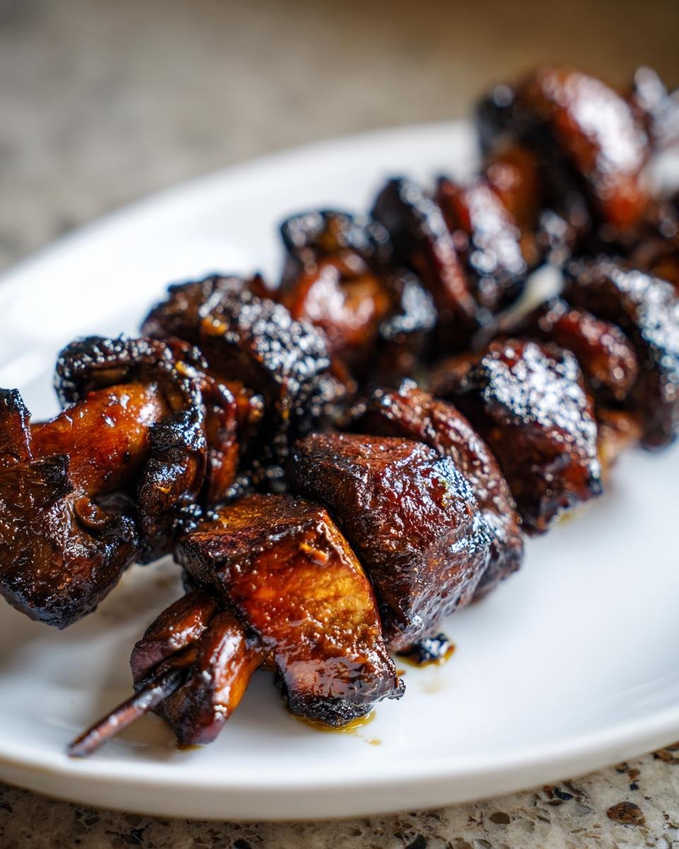 Nahaufnahme von glasierten, dunkel gegrillten Pilzspie&szlig;en auf einem wei&szlig;en Teller &ndash; Flavorful Marinated Grilled Mushroom Skewers Recipe.