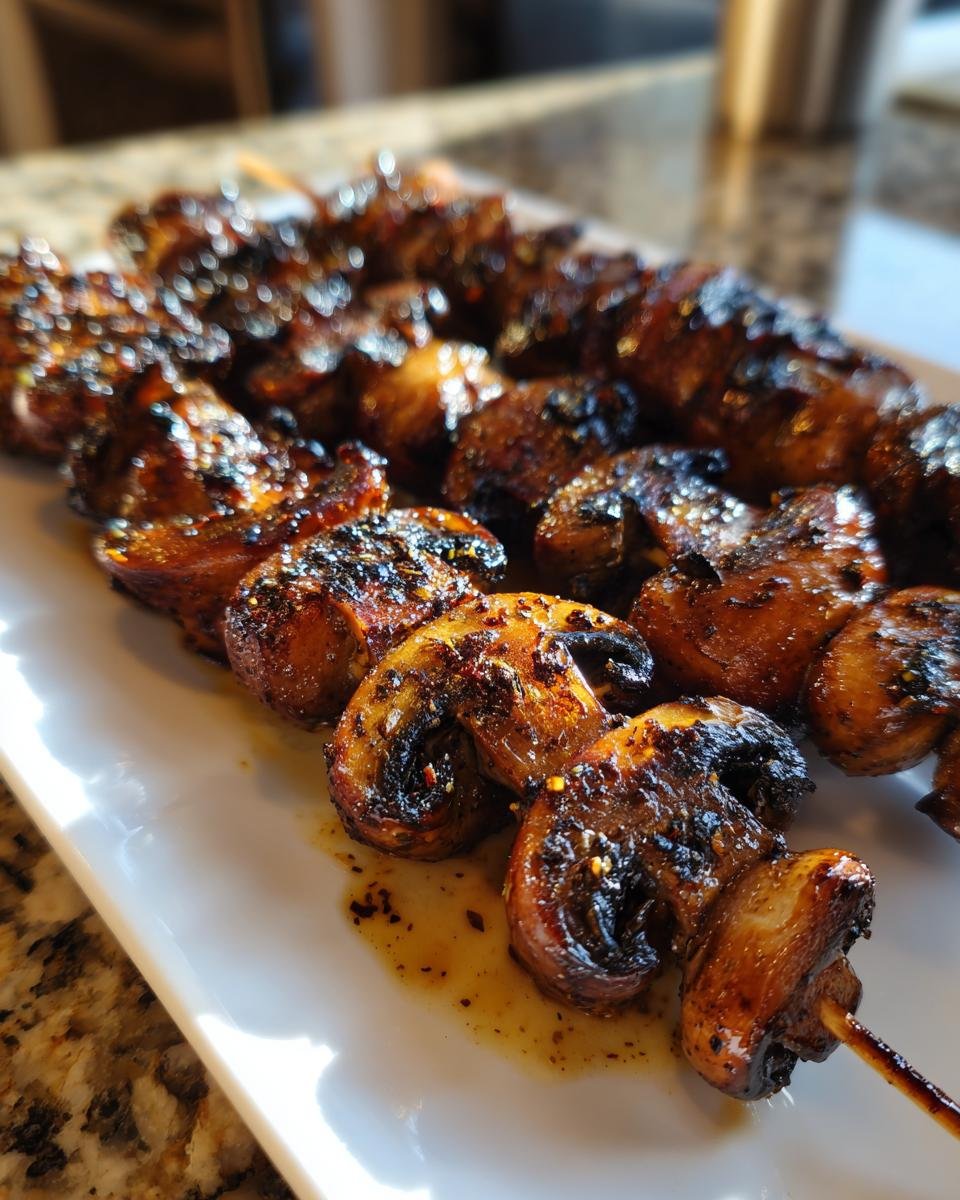 Nahaufnahme von glasierten, marinierten gegrillten Pilzspie&szlig;en auf einem wei&szlig;en Teller.