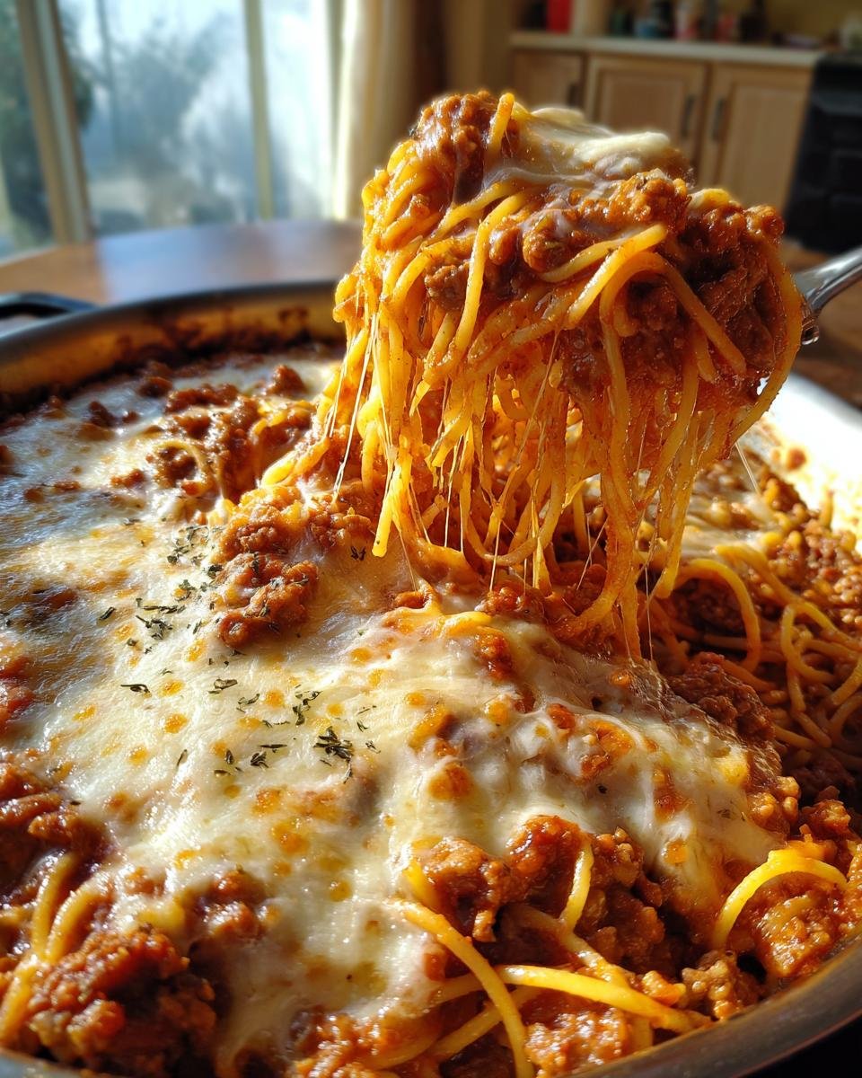 Ein L&ouml;ffel voller Million Dollar Spaghetti mit langgezogenem, geschmolzenem K&auml;se.