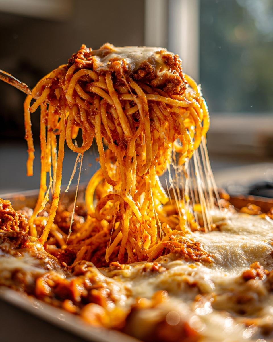 Eine Gabel zieht eine Portion Million Dollar Spaghetti mit langgezogenem, geschmolzenem K&auml;se aus der Auflaufform.