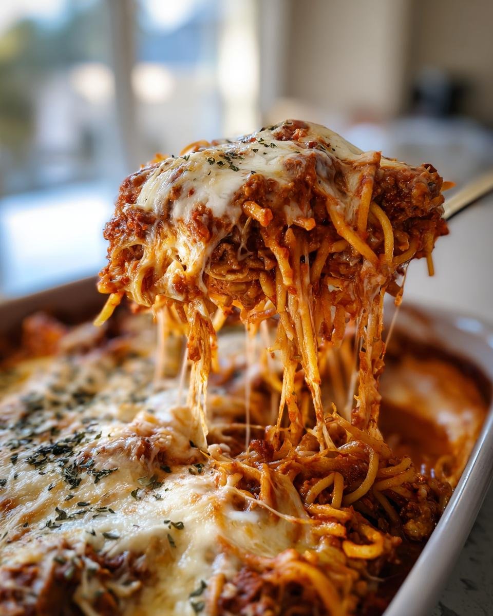 Ein L&ouml;ffel voller Million Dollar Spaghetti mit viel geschmolzenem K&auml;se, der F&auml;den zieht.