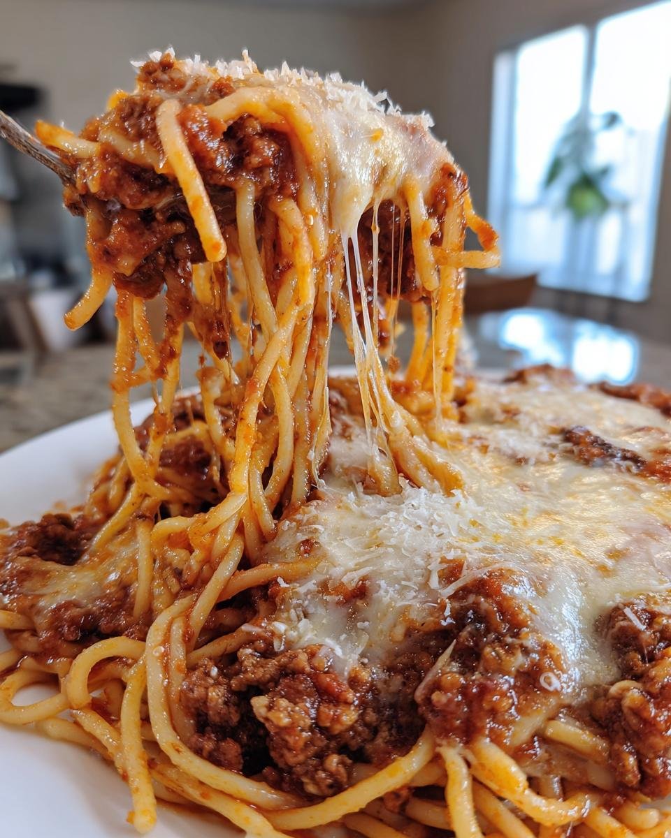 Nahaufnahme von Million Dollar Spaghetti mit viel geschmolzenem K&auml;se, der beim Hochheben der Gabel F&auml;den zieht.