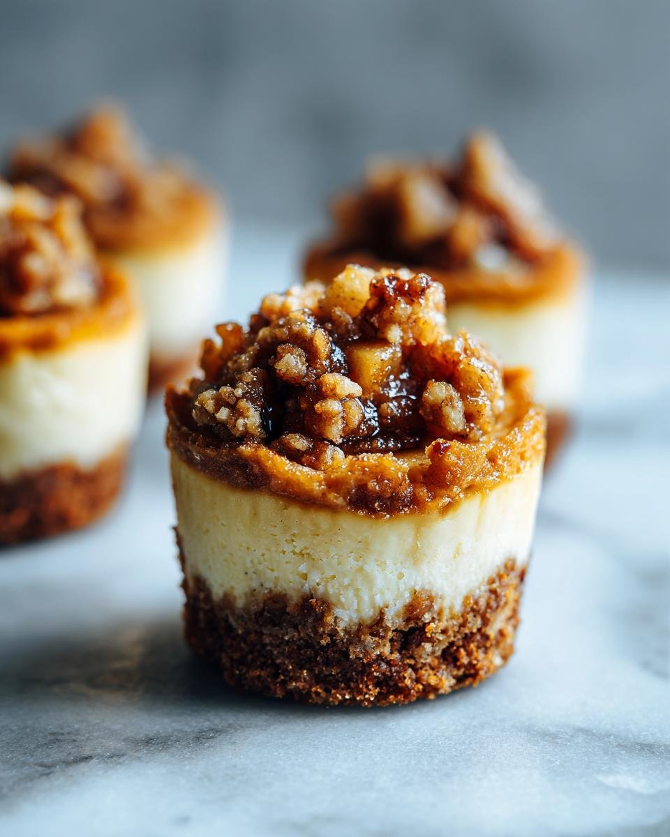 Nahaufnahme eines Mini-Cheesecakes mit knusprigem Boden und Apfel-Streusel-Topping (Fall Inspired Easy Apple Crisp Mini Cheesecakes).