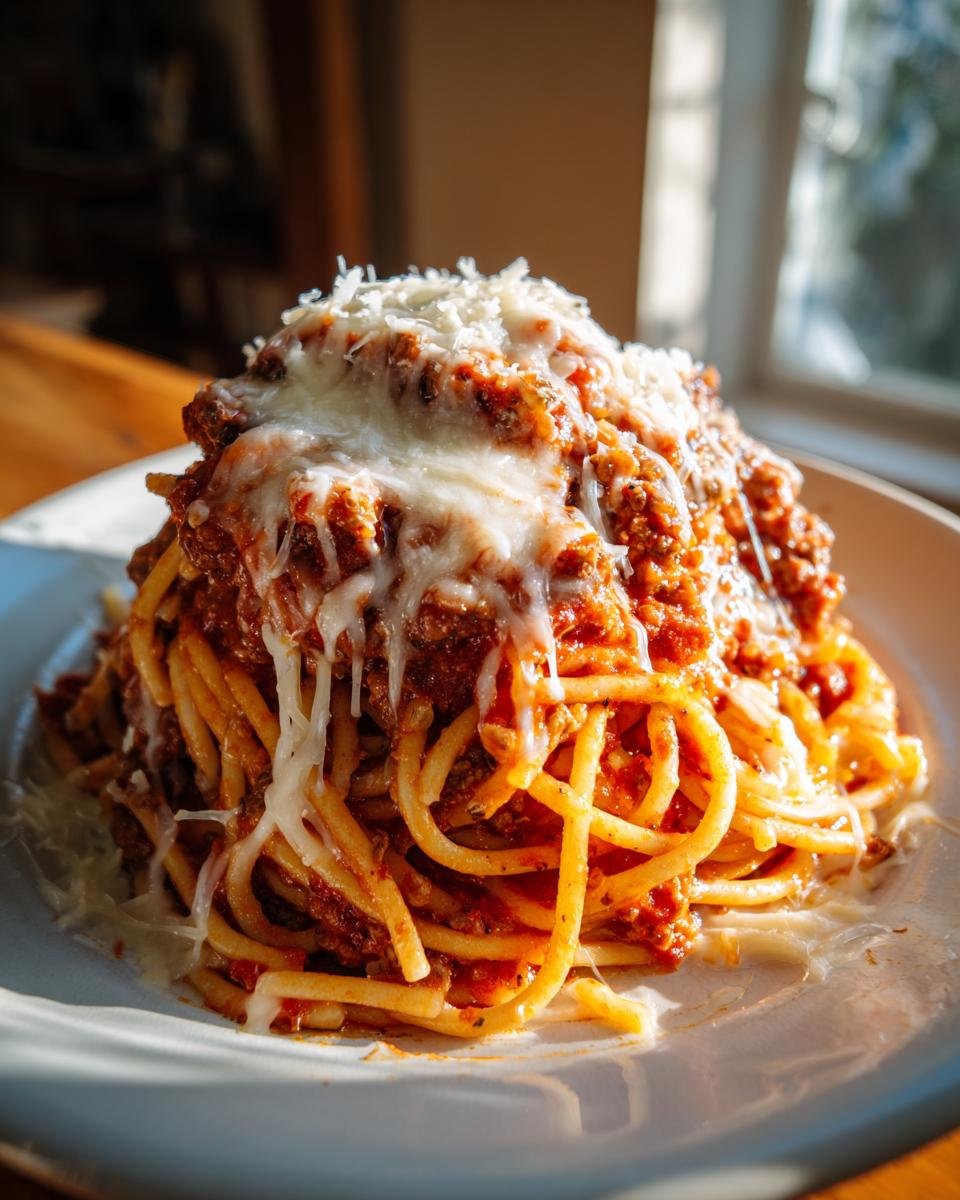 Ein Teller mit hohem Stapel Monterey Spaghetti, bedeckt mit reichhaltiger Bolognese-Sauce und geschmolzenem K&auml;se.