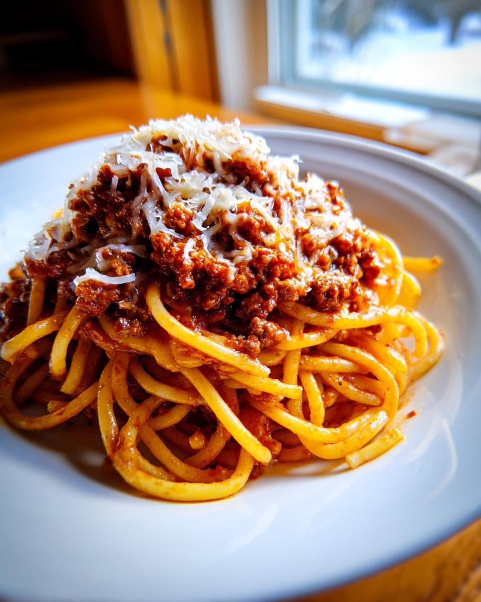 Nahaufnahme von Monterey Spaghetti mit Fleischsauce und frisch geriebenem Parmesan.