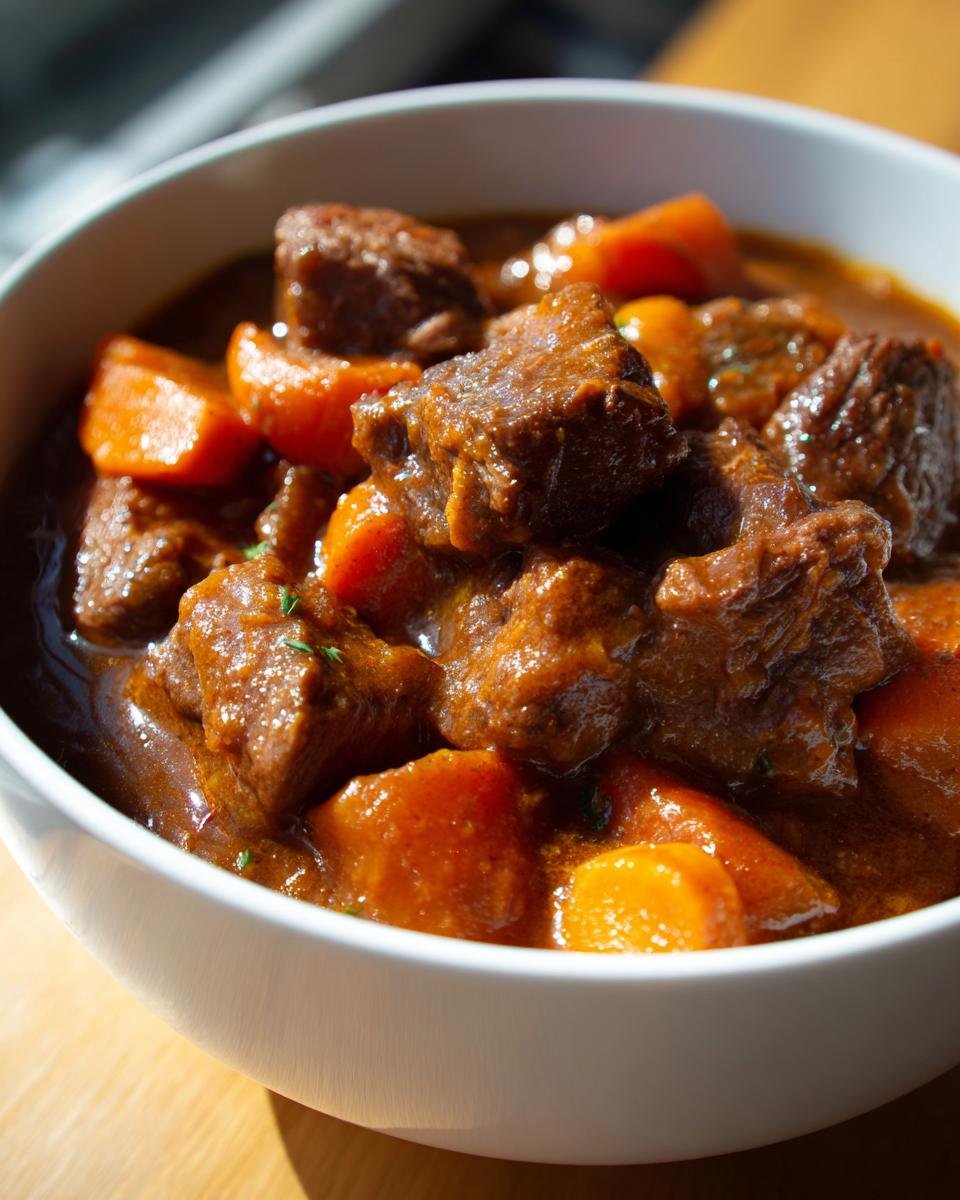 Nahaufnahme von Old Fashioned Beef Stew mit zarten Fleischst&uuml;cken und Karotten in einer wei&szlig;en Sch&uuml;ssel.