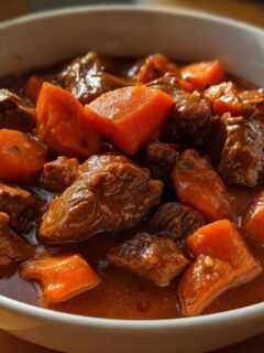 Nahaufnahme von Old Fashioned Beef Stew mit zartem Rindfleisch und Karottenst&uuml;cken in dunkler So&szlig;e.