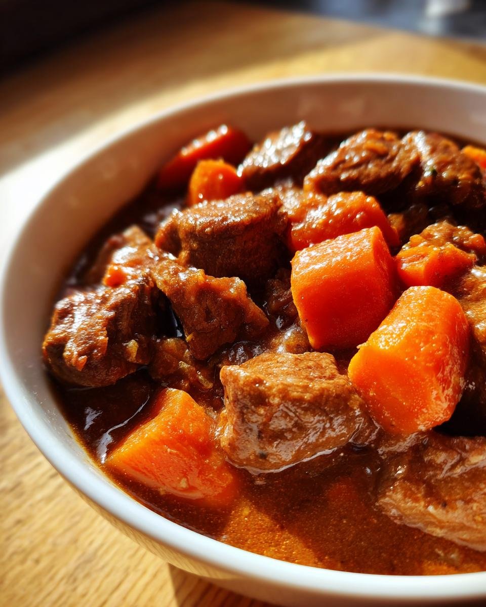 Nahaufnahme von zartem Fleisch und Karottenst&uuml;cken in einer tiefen, dunklen Sauce des Old Fashioned Beef Stew in einer wei&szlig;en Schale.