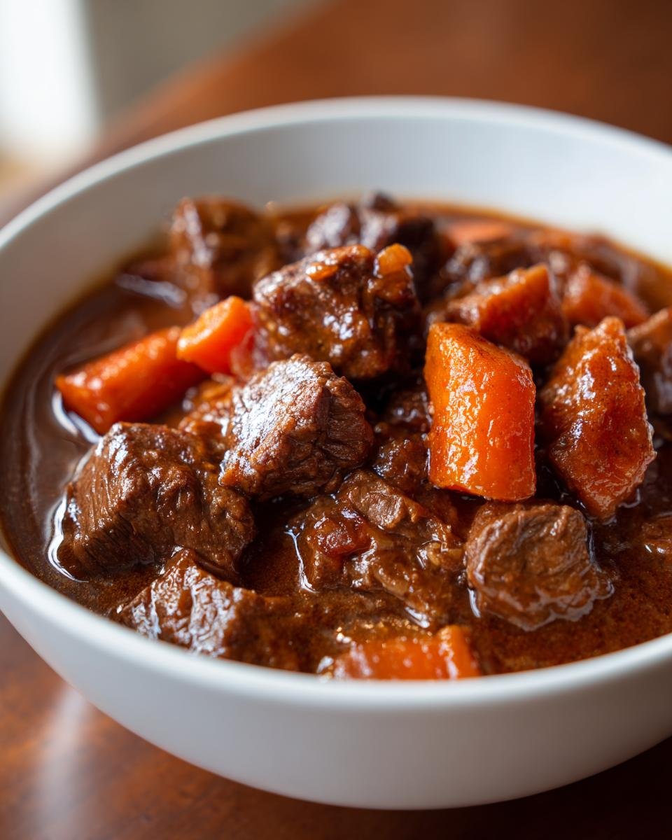 Nahaufnahme von saftigen Fleischst&uuml;cken und Karottenst&uuml;cken in dunkler So&szlig;e im Old Fashioned Beef Stew.
