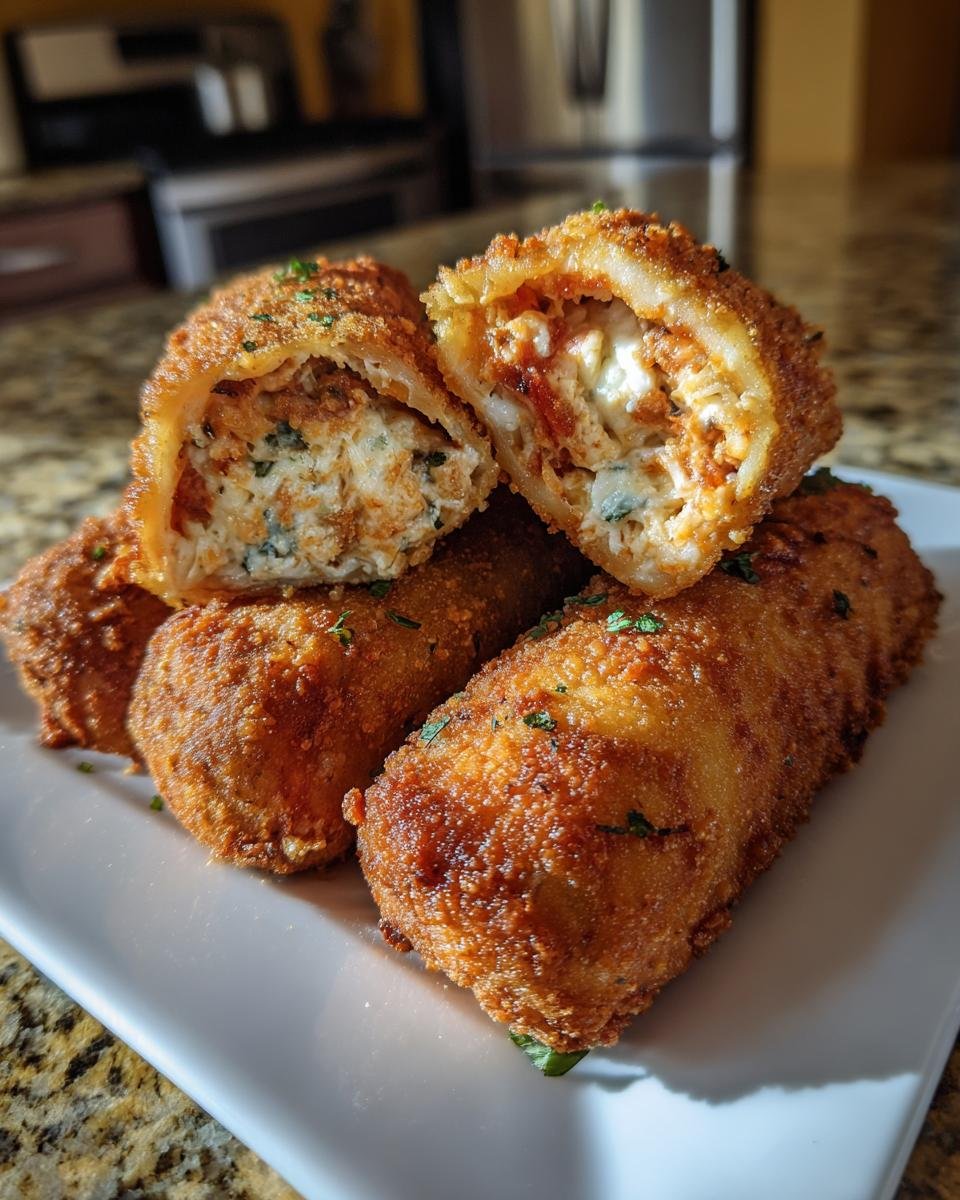 Nahaufnahme von frittierten Olive Garden Fried Lasagna Rollen, eine davon aufgeschnitten zeigt die cremige K&auml;sef&uuml;llung.