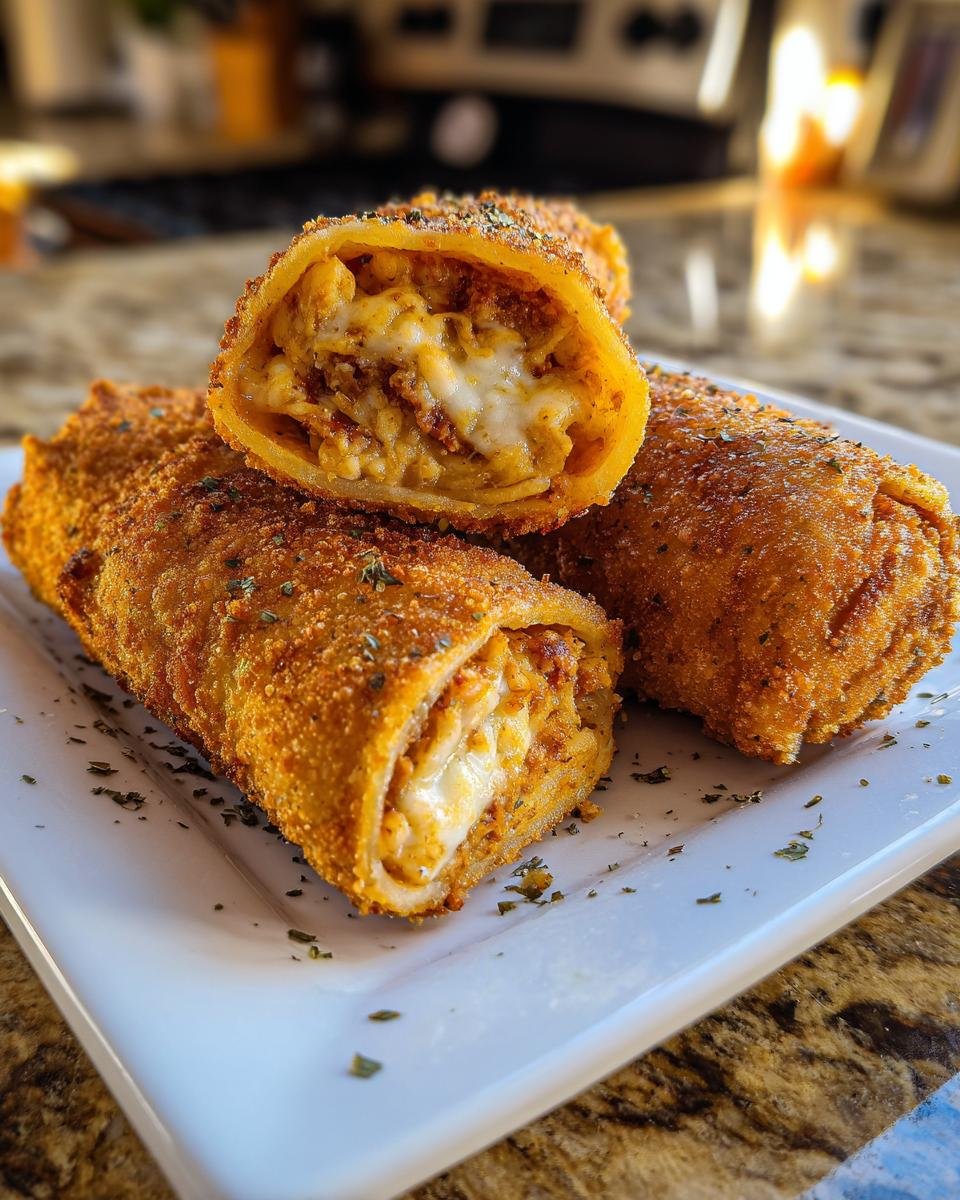 Drei goldbraun frittierte Rollen, eine davon aufgeschnitten, zeigen die cremige K&auml;sef&uuml;llung der Olive Garden Fried Lasagna.