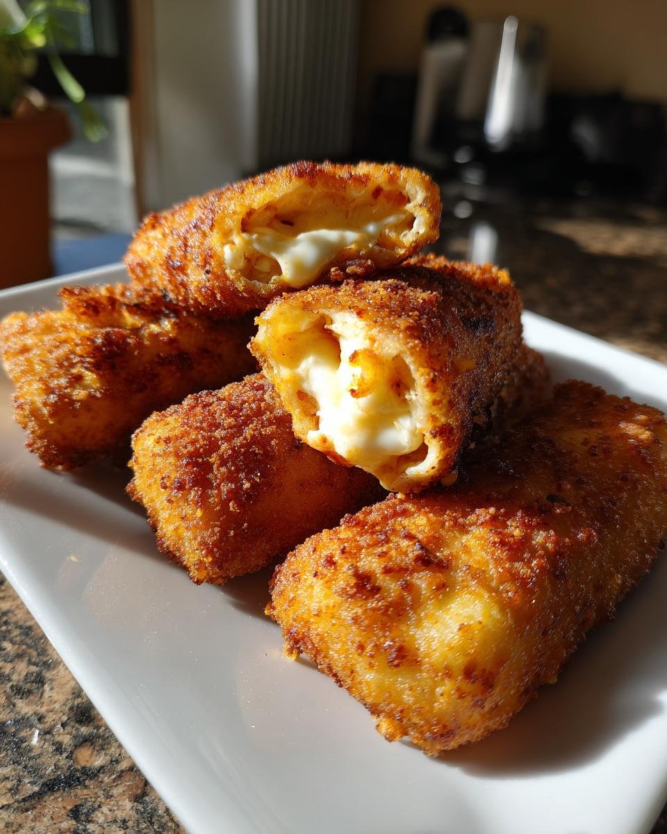 Goldbraun frittierte Olive Garden Fried Lasagna Rollen auf einem wei&szlig;en Teller, innen cremig.