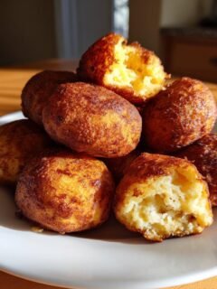 Stapel goldbrauner Pancake Sausage Balls auf einem wei&szlig;en Teller, einer ist aufgeschnitten.