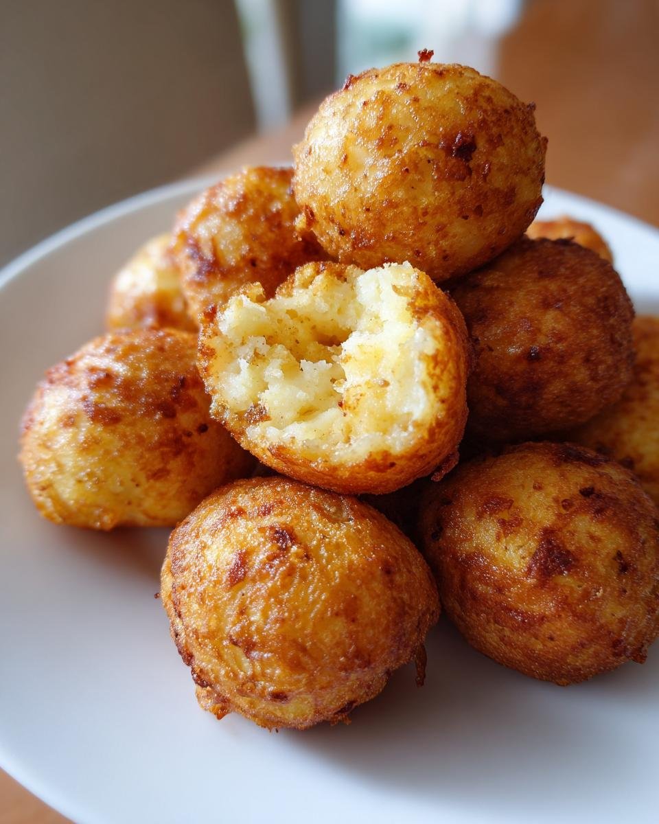 Stapel goldbrauner, frittierter Pancake Sausage Balls, einer davon aufgebissen, um die weiche F&uuml;llung zu zeigen.