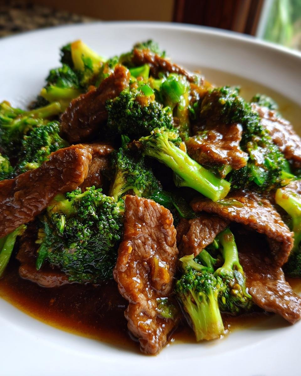 Nahaufnahme von zartem Panda Express Beef And Broccoli in dunkler So&szlig;e auf einem wei&szlig;en Teller.