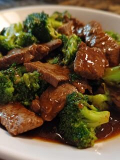 Zarte Rindfleischst&uuml;cke und leuchtend gr&uuml;ner Brokkoli in dunkler So&szlig;e: Panda Express Beef And Broccoli.