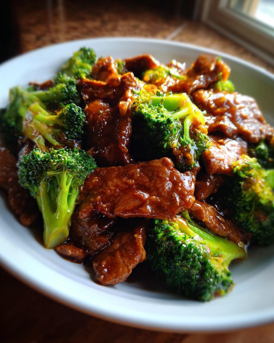 Nahaufnahme von saftigem Panda Express Beef And Broccoli mit gl&auml;nzender brauner So&szlig;e und leuchtend gr&uuml;nem Brokkoli.