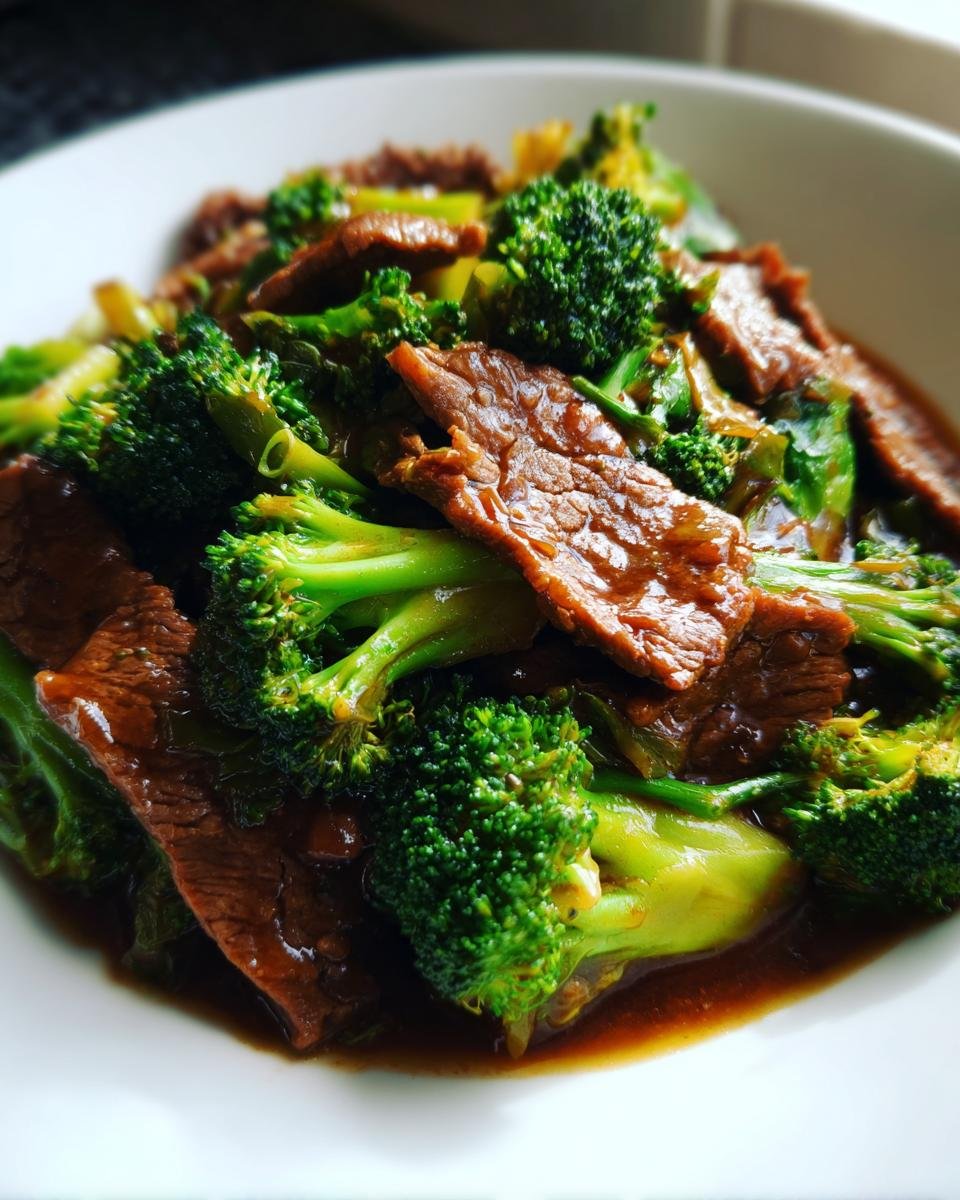 Nahaufnahme von zartem Panda Express Beef And Broccoli in dunkler So&szlig;e auf einem wei&szlig;en Teller.