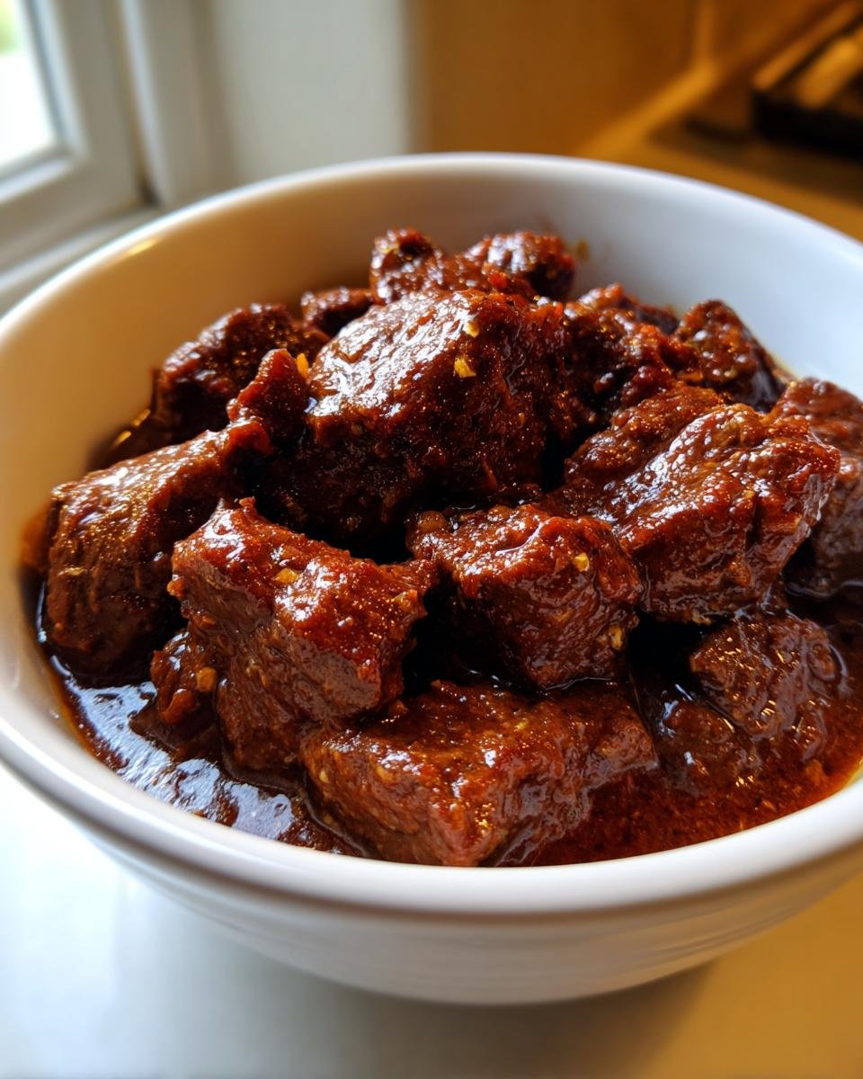 Nahaufnahme von zartem, dunkelrotem Fleisch in einer reichhaltigen Sauce, serviert in einer wei&szlig;en Sch&uuml;ssel: Paula Deens Goulash.