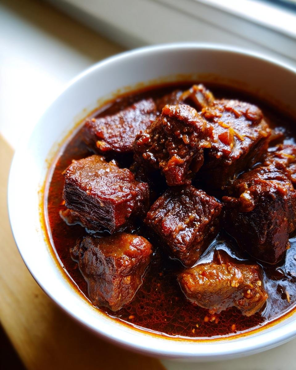 Dunkelrote, w&uuml;rfelige Fleischst&uuml;cke in einer reichhaltigen Sauce, serviert in einer wei&szlig;en Sch&uuml;ssel: Paula Deens Goulash.