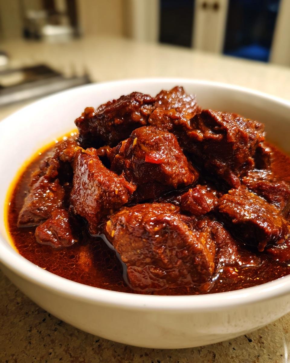 Dunkelrotes, reichhaltiges Paula Deens Gulasch mit gro&szlig;en Fleischst&uuml;cken in einer wei&szlig;en Sch&uuml;ssel.